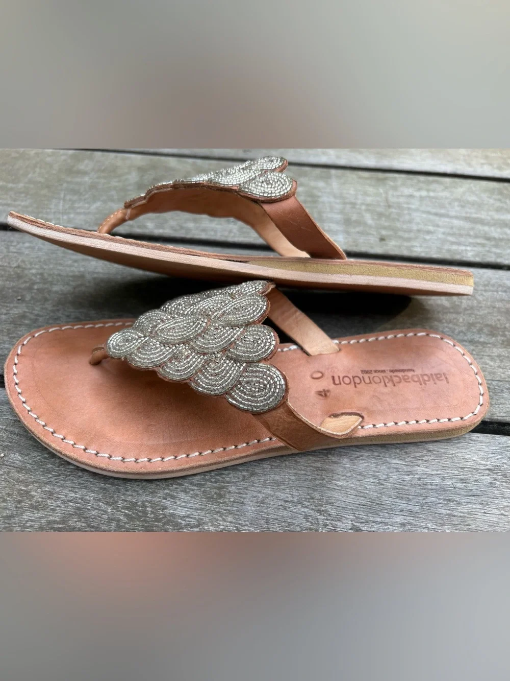 Women's Laidback London Tan Beaded Thong Sandals- size 40